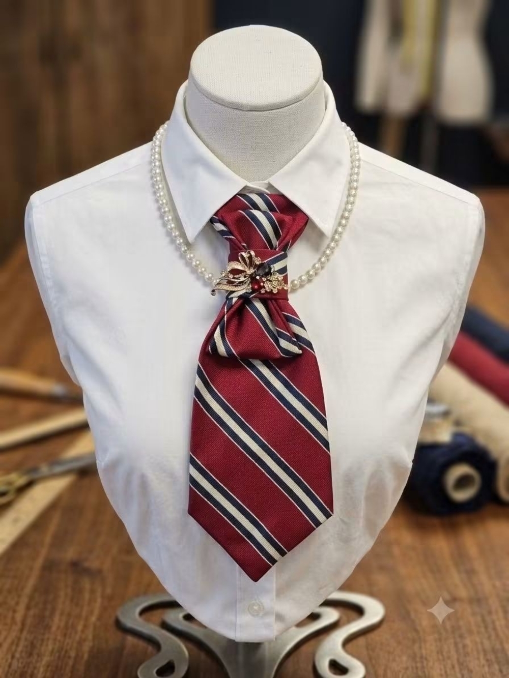 Striped Red Silk Tie with Pearl Accent